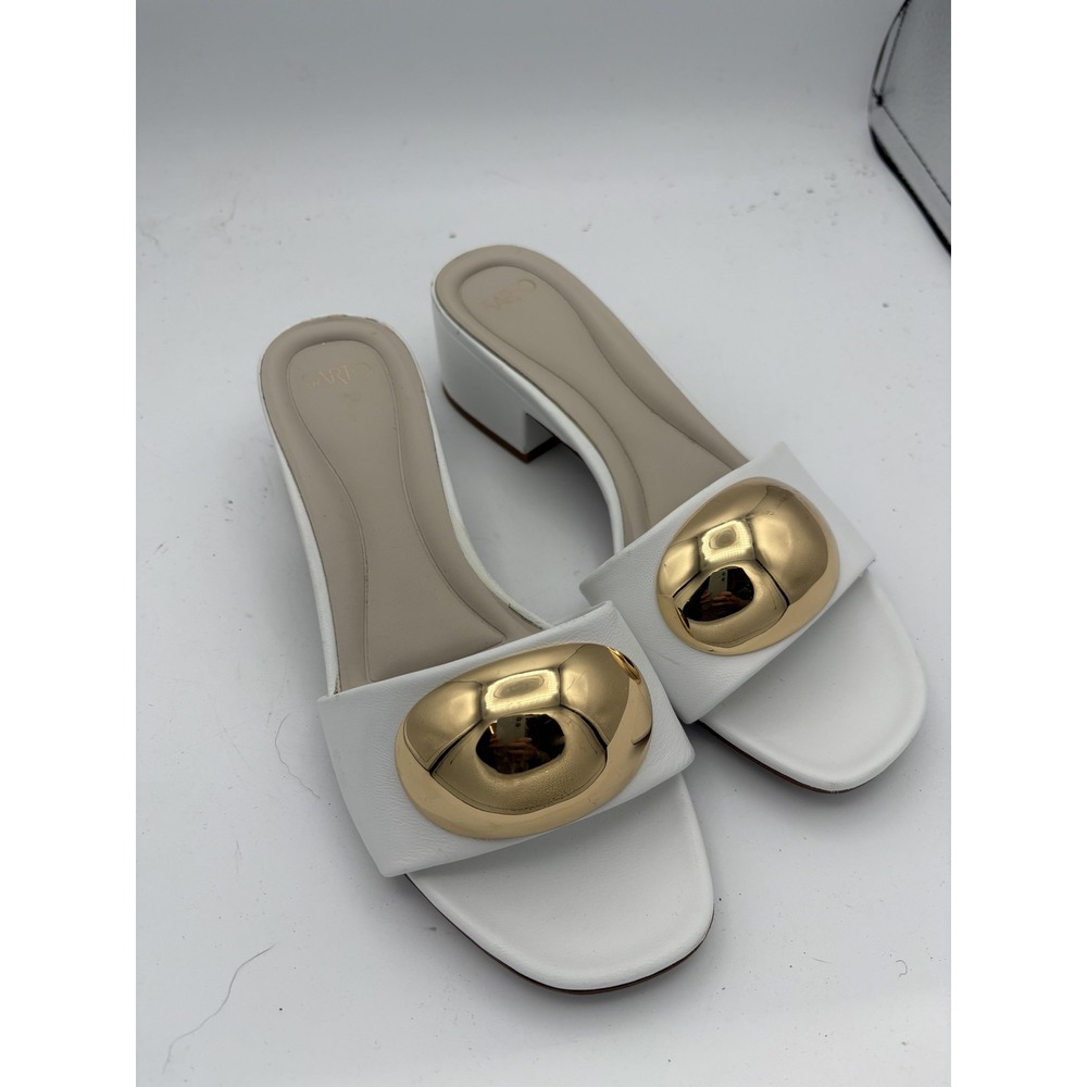 SARTO Shoes Womens Size 7 White A-NIKA Slide Sandals Gold Medallion Block Heel
